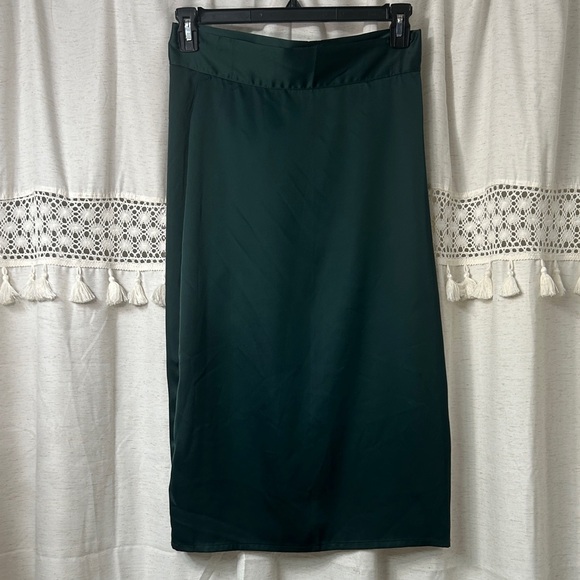 Satin Tie-Waist Midi Skirt in Forest Green - Picture 2 of 5